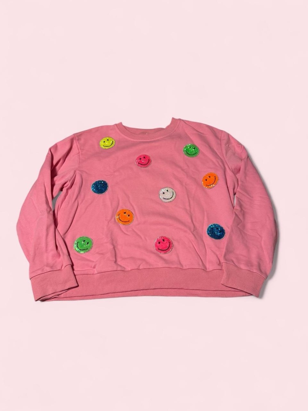 Main Strip Pink Sequin Smiley Crewneck Sweater